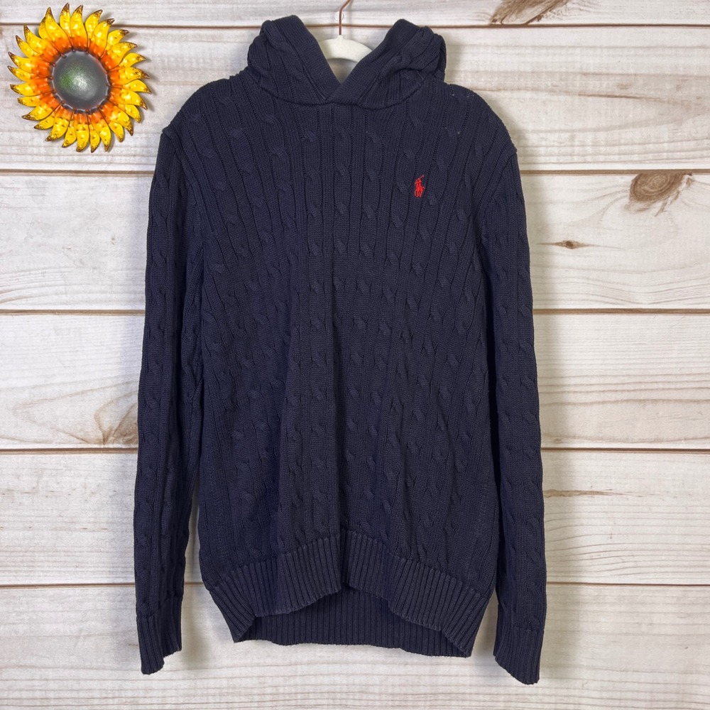Polo Ralph Lauren Kids Navy Blue Cable Knit Cotton Hoodie Sweater L 14-16